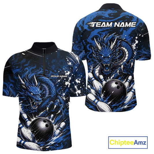Blue dragon-themed bowling shirt with customizable text on a white background