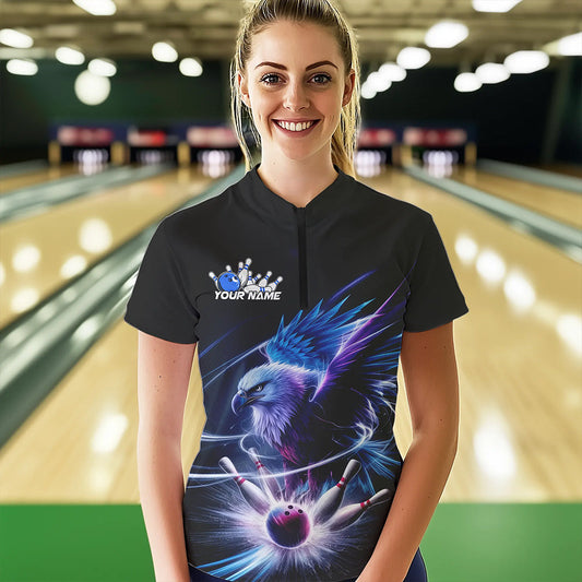 Custom Eagle Bowling Team Womens Quarter-Zip Shirts, Bowling Tournament Shirt Bowler Outfit IPHW8560