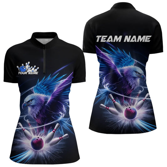 Custom Eagle Bowling Team Womens Quarter-Zip Shirts, Bowling Tournament Shirt Bowler Outfit IPHW8560