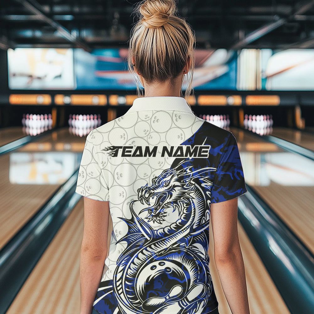 Custom Blue Camo Dragon Bowling Tattoo Women Quarter-Zip Shirt, Dragon Bowling League Shirt IPHW8884