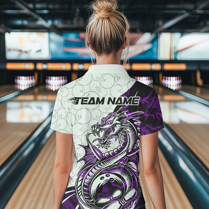 Custom Purple Camo Dragon Bowling Tattoo Women Polo Shirt, Dragon Bowling League Team Shirt IPHW8885