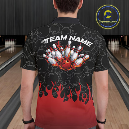 Back view of a male model in a bowling lane wearing a black polo shirt featuring vibrant red flames and bowling ball pattern with bold sports styling.