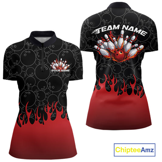 Front and back view of a womens black bowling quarter-zip shirt mockup, highlighted by vibrant red flames rising and bowling ball pattern forming a fiery bowling action design.