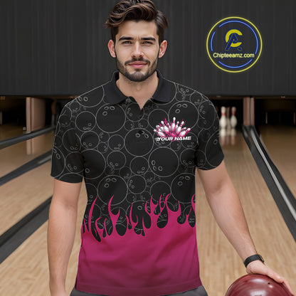Front view of a male model in a bowling lane wearing a black polo shirt with vibrant pink flames and bowling ball pattern with dynamic bowling strike visuals.