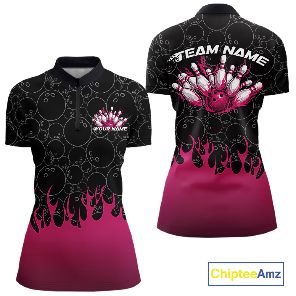 Front and back view of a womens bowling quarter-zip shirt mockup in black, showcasing vibrant pink flames rising from the bottom with bowling ball pattern and flaming bowling artwork.