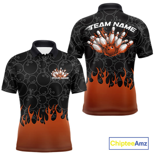 Front and back view of a mens black bowling polo shirt mockup featuring bowling ball pattern with vibrant orange flames rising and dynamic bowling graphics.