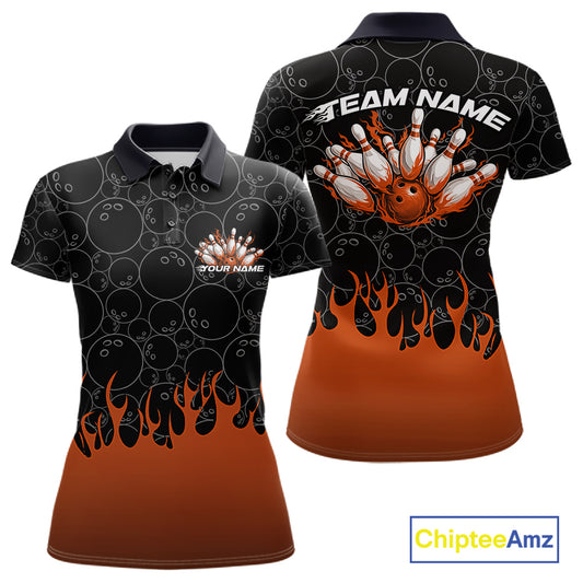 Front and back view of a womens black polo shirt mockup featuring bowling ball pattern with vibrant orange flames rising from the bottom and energetic bowling visuals.