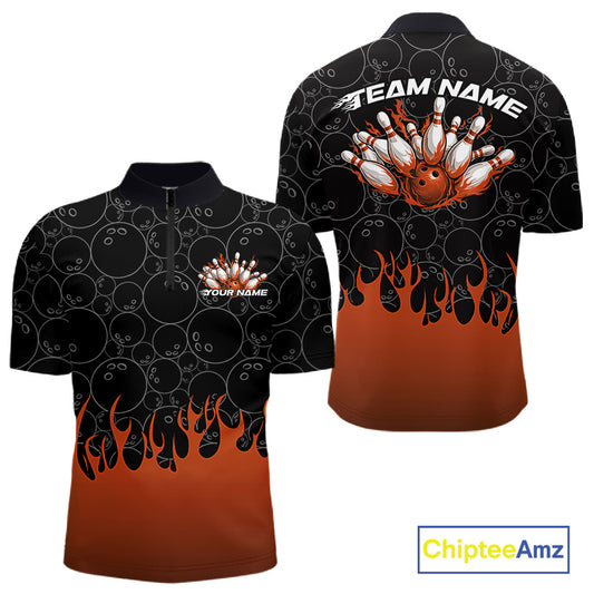 Mens quarter zip bowling shirt mockup displaying black shirt with bowling ball pattern and vibrant orange flames rising with a flaming bowling theme