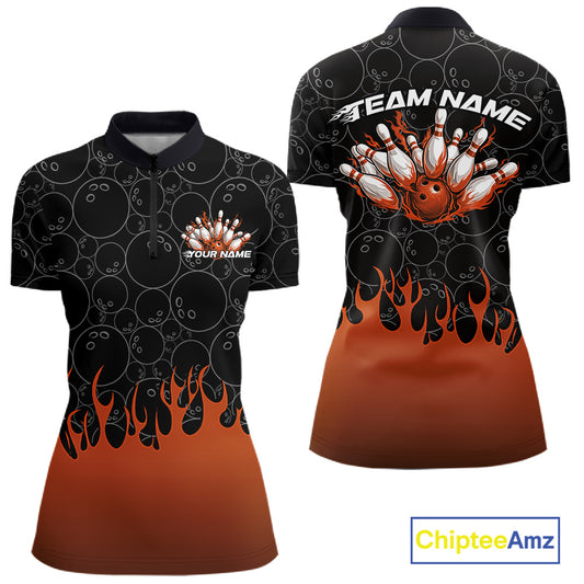 Front and back view of a black bowling quarter-zip shirt mockup with vibrant orange flames rising, showcasing flaming bowling ball striking pins artwork and dynamic bowling graphics.