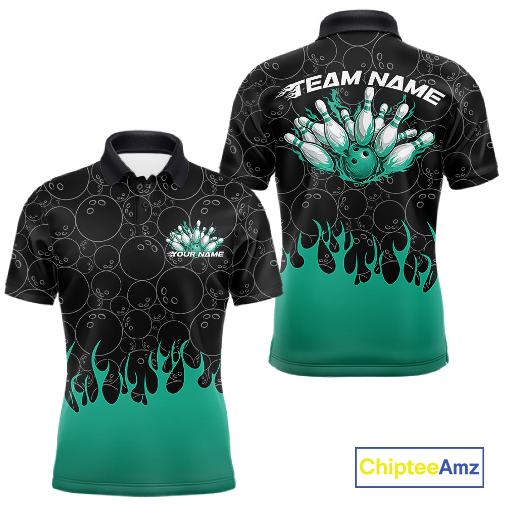 Front and back view of a mens black bowling polo shirt mockup featuring vibrant turquoise green flames rising from the bottom with bowling ball pattern graphics.