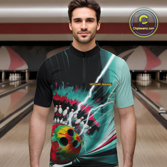 Custom Colorful Tie Dye Bowling Quarter-Zip Shirts For Men, Rainbow Bowlers Outfit IPHW9117