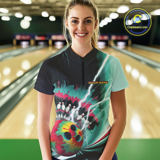 Custom Colorful Tie Dye Bowling Quarter-Zip Shirts For Women, Rainbow Bowlers Outfit IPHW9117