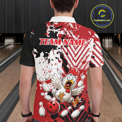 A person viewed from behind wearing a short-sleeve bowling-themed graphic shirt. The shirt has a red, white, and black splatter design with a cartoon chicken, bowling pins, bowling ball, and the text 'TEAM NAME' across the upper back.