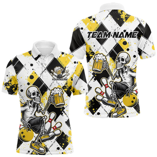 Custom Yellow Argyle Pattern Funny Skeleton Bowling And Beer Men Polo Shirts, Team Outfit IPHW8892