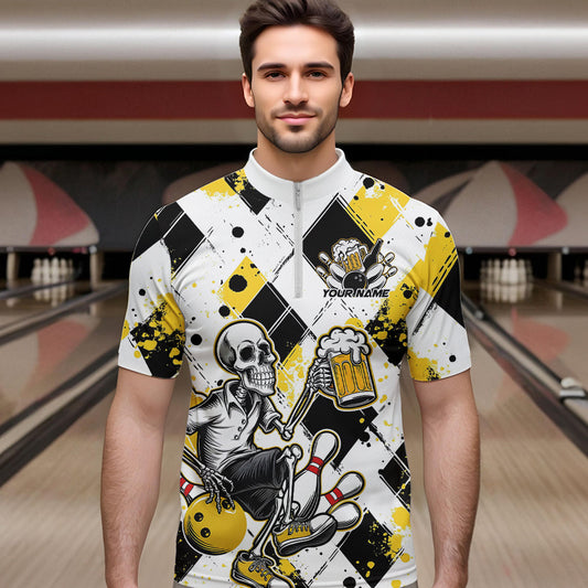 Custom Yellow Argyle Pattern Funny Skeleton Bowling And Beer Men Quarter-Zip Shirts, Team Outfit IPHW8892
