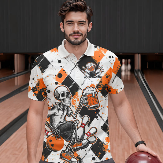 Custom Orange Argyle Pattern Funny Skeleton Bowling And Beer Men Polo Shirts, Team Outfit IPHW8893
