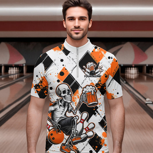 Custom Orange Argyle Pattern Funny Skeleton Bowling And Beer Men Quarter-Zip Shirts, Team Outfit IPHW8893