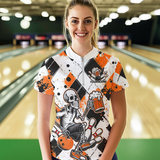 Custom Orange Argyle Pattern Funny Skeleton Bowling And Beer Women Quarter-Zip Shirts IPHW8893