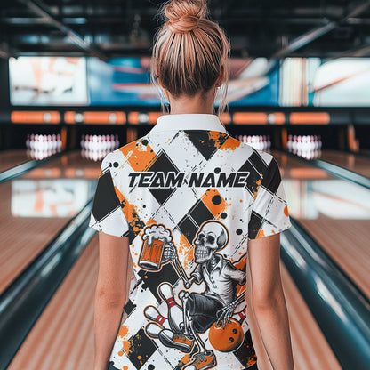 Custom Orange Argyle Pattern Funny Skeleton Bowling And Beer Women Quarter-Zip Shirts IPHW8893