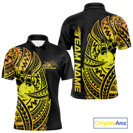 Front and back views of a black and gold mens bowling polo shirt featuring bowling pins and a ball framed by striking Polynesian tribal swirls.