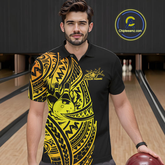 Male model wearing a black and gold bowling polo shirt at the bowling lane with tribal-inspired bowling artwork.