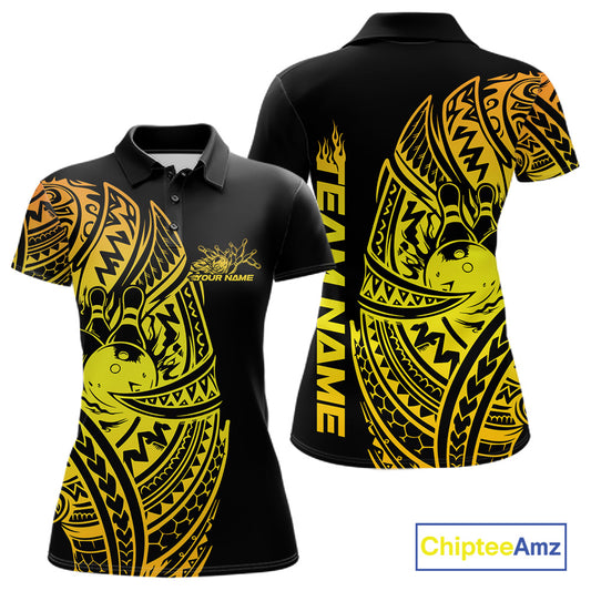 Front and back views of a black and gold womens bowling polo shirt showcasing bowling artwork framed by bold tribal swirls.