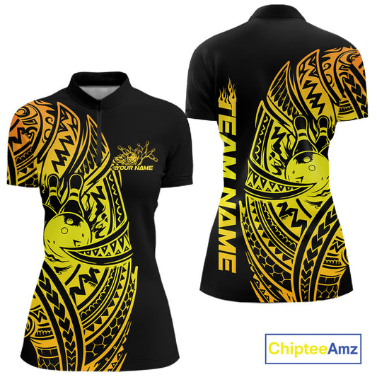 Front and back views of a black and gold womens bowling quarter-zip shirt with bowling ball and pin graphics accented by bold tribal swirls.