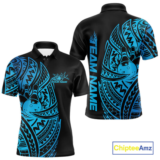 Front and back views of a black and blue mens bowling polo shirt featuring bowling pins and a ball framed by bold tribal swirls and Polynesian patterns.