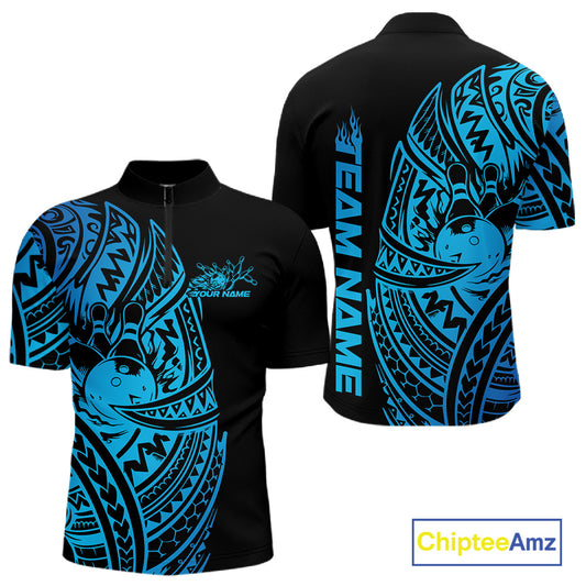 Front and back views of a black and blue mens bowling quarter-zip shirt showcasing bowling artwork accented by bold tribal swirls.