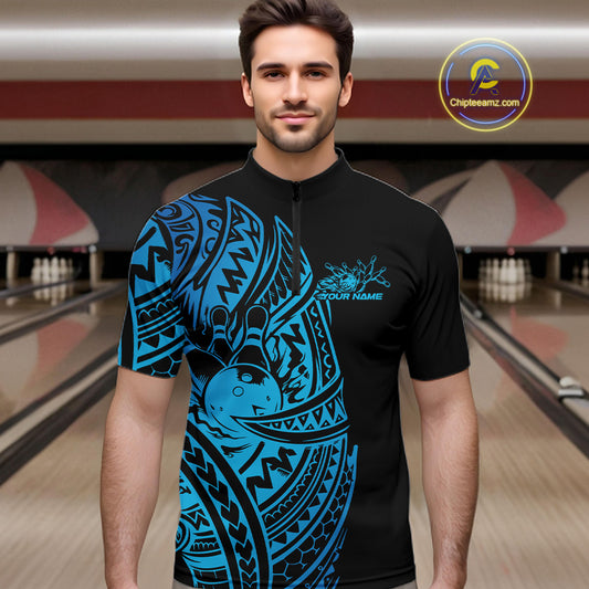 Male model wearing a black and blue bowling quarter-zip shirt at the bowling lane with Polynesian-inspired bowling details.