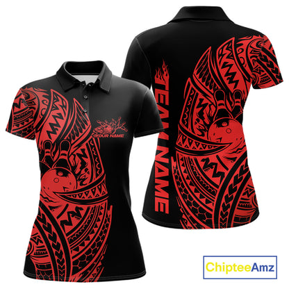 Front and back views of a black and red womens bowling polo shirt showcasing bowling ball and pin graphics framed by Polynesian-style swirls.