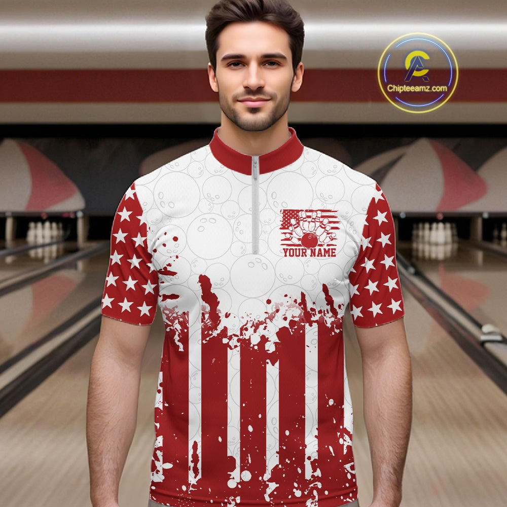 Custom Red American Flag Patriotic Bowling Men Quarter-Zip Shirt front view