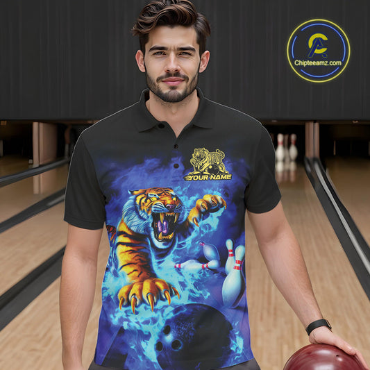 Custom Blue Fire Flame Tiger Bowling Team Polo Shirts For Men, Tiger Bowling Jerseys IPHW9480
