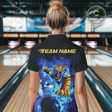 Load image into Gallery viewer, Custom Blue Fire Flame Tiger Bowling Team Polo Shirts For Women, Tiger Bowling Jerseys IPHW9480