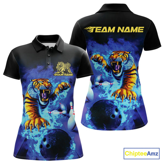 Custom Blue Fire Flame Tiger Bowling Team Polo Shirts For Women, Tiger Bowling Jerseys IPHW9480