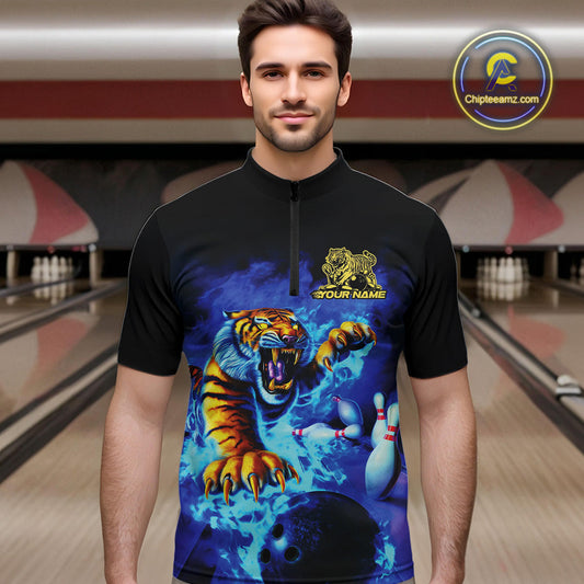 Custom Blue Fire Flame Tiger Bowling Team Quarter-Zip Shirts For Men, Tiger Bowling Jerseys IPHW9480