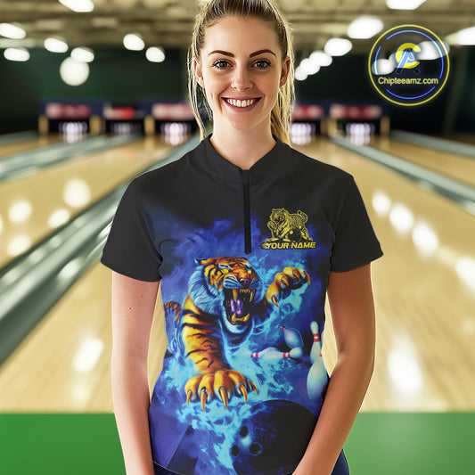Custom Blue Fire Flame Tiger Bowling Team Women Quarter-Zip Shirts, Tiger Bowling Jerseys IPHW9480