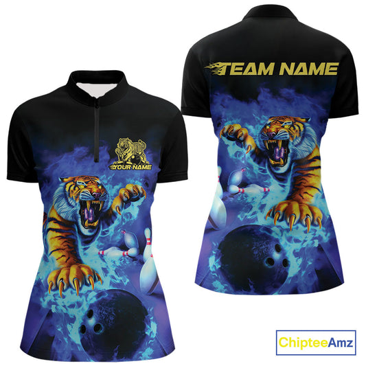 Custom Blue Fire Flame Tiger Bowling Team Women Quarter-Zip Shirts, Tiger Bowling Jerseys IPHW9480