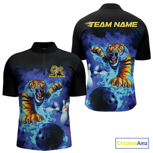 Custom Blue Fire Flame Tiger Bowling Team Quarter-Zip Shirts For Men, Tiger Bowling Jerseys IPHW9480