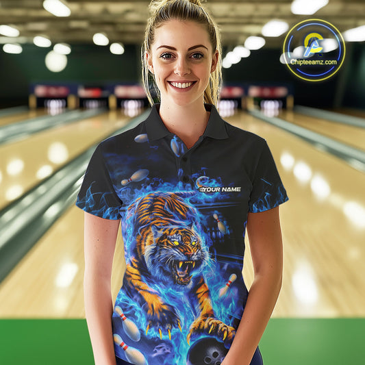 Custom Blue Fire Flame Tiger Bowling Team Polo Shirts For Women, Tiger Bowling Jerseys IPHW9481