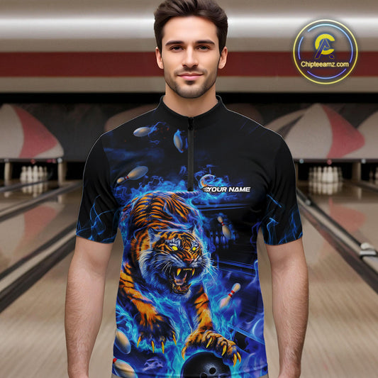 Custom Blue Fire Flame Tiger Bowling Team Quarter-Zip Shirts For Men, Tiger Bowling Jerseys IPHW9481