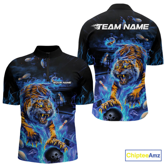 Custom Blue Fire Flame Tiger Bowling Team Quarter-Zip Shirts For Men, Tiger Bowling Jerseys IPHW9481