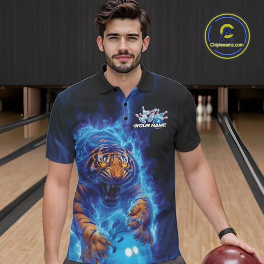 Custom Blue Fire Flame Tiger Bowling Team Polo Shirts For Men, Tiger Bowling Jerseys IPHW9483