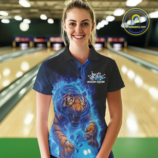Custom Blue Fire Flame Tiger Bowling Team Polo Shirts For Women, Tiger Bowling Jerseys IPHW9483