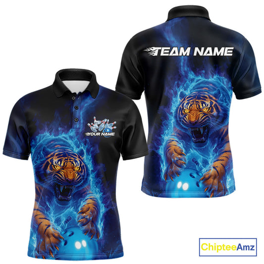 Custom Blue Fire Flame Tiger Bowling Team Polo Shirts For Men, Tiger Bowling Jerseys IPHW9483