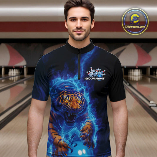 Custom Blue Fire Flame Tiger Bowling Team Quarter-Zip Shirts For Men, Tiger Bowling Jerseys IPHW9483
