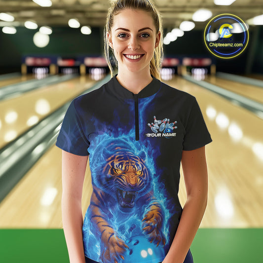 Custom Blue Fire Flame Tiger Bowling Team Women Quarter-Zip Shirts, Tiger Bowling Jerseys IPHW9483