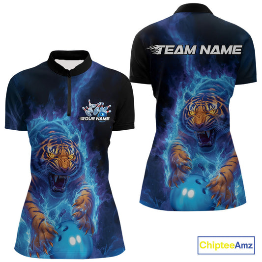 Custom Blue Fire Flame Tiger Bowling Team Women Quarter-Zip Shirts, Tiger Bowling Jerseys IPHW9483