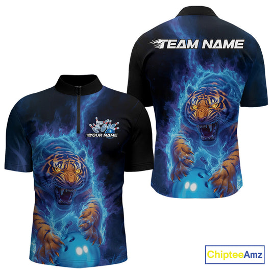 Custom Blue Fire Flame Tiger Bowling Team Quarter-Zip Shirts For Men, Tiger Bowling Jerseys IPHW9483