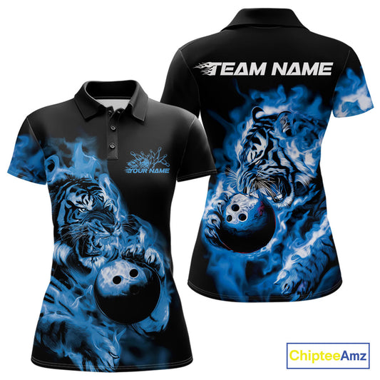Custom Blue Fire Flame Tiger Bowling Jerseys, Bowling Team Women Polo Shirts IPHW9487